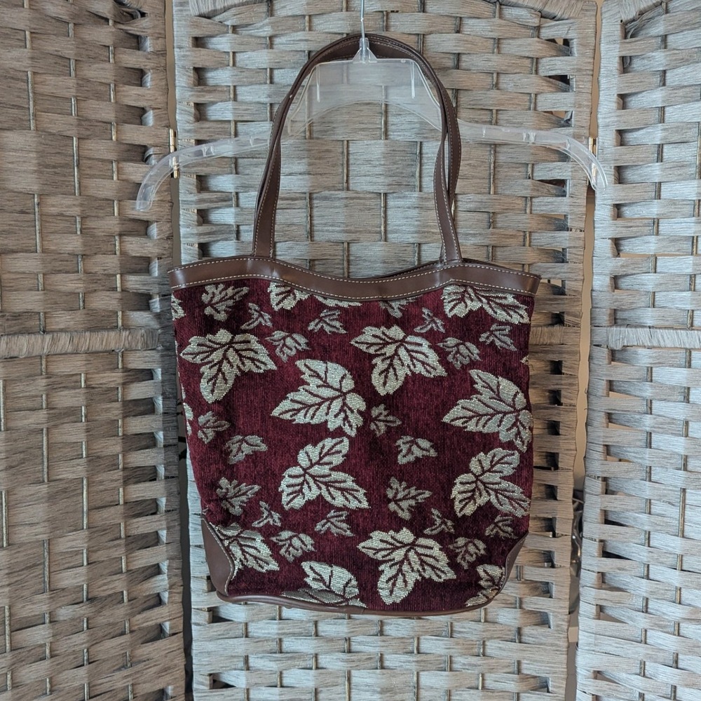 Vtg Tote Shoulder Bag Burgundy Leaf Tapestry Chenille Cottagecore Boho Fall